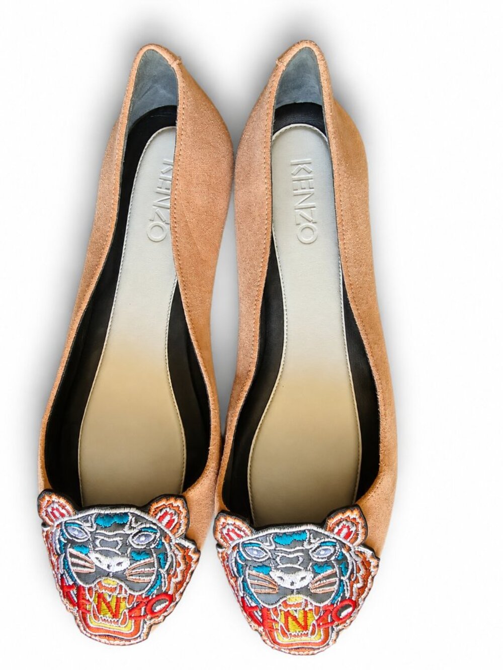 KENZO Paris Tiger Embroidered Suede Ballet Flats Blush Pink Size 40